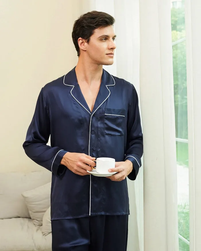 Piped Silk Pajamas - For Men Navy Blue