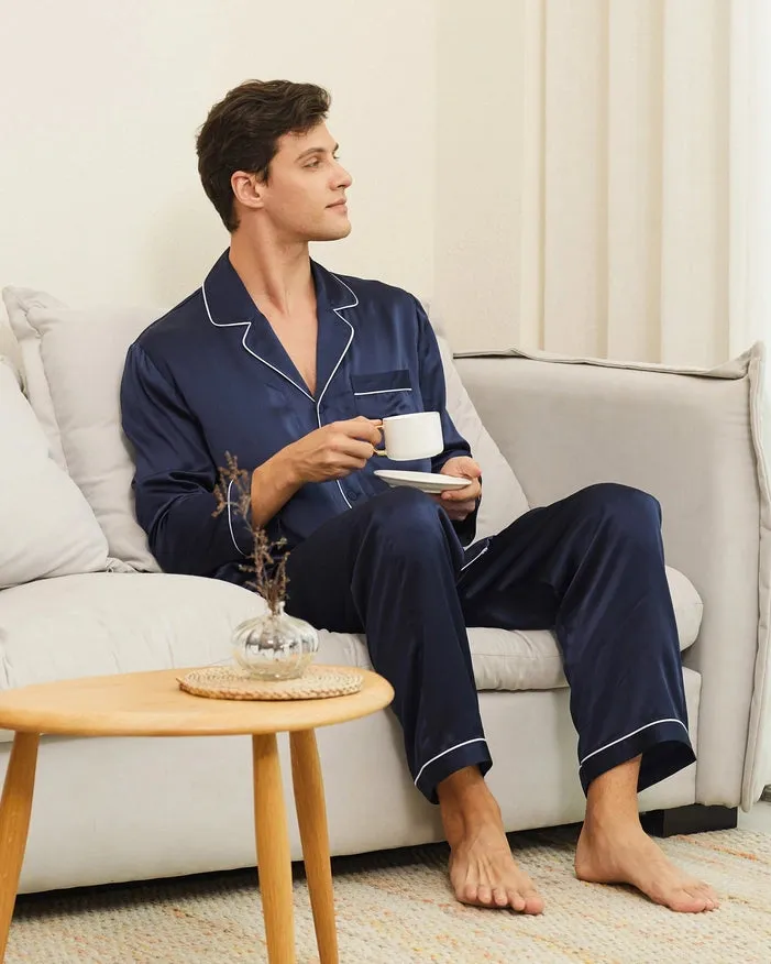 Piped Silk Pajamas - For Men Navy Blue