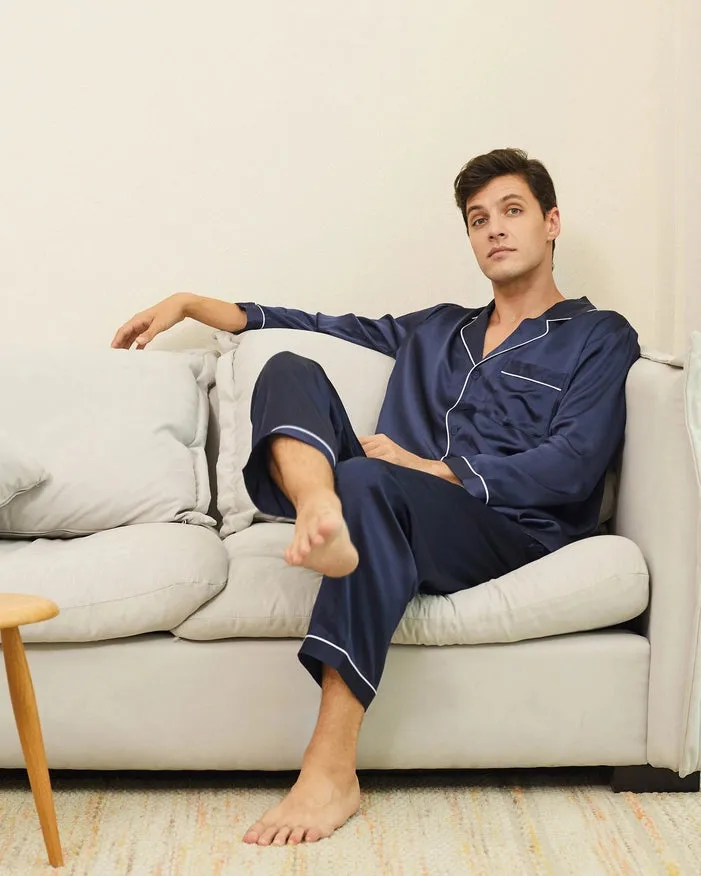 Piped Silk Pajamas - For Men Navy Blue