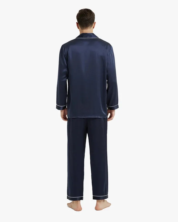 Piped Silk Pajamas - For Men Navy Blue