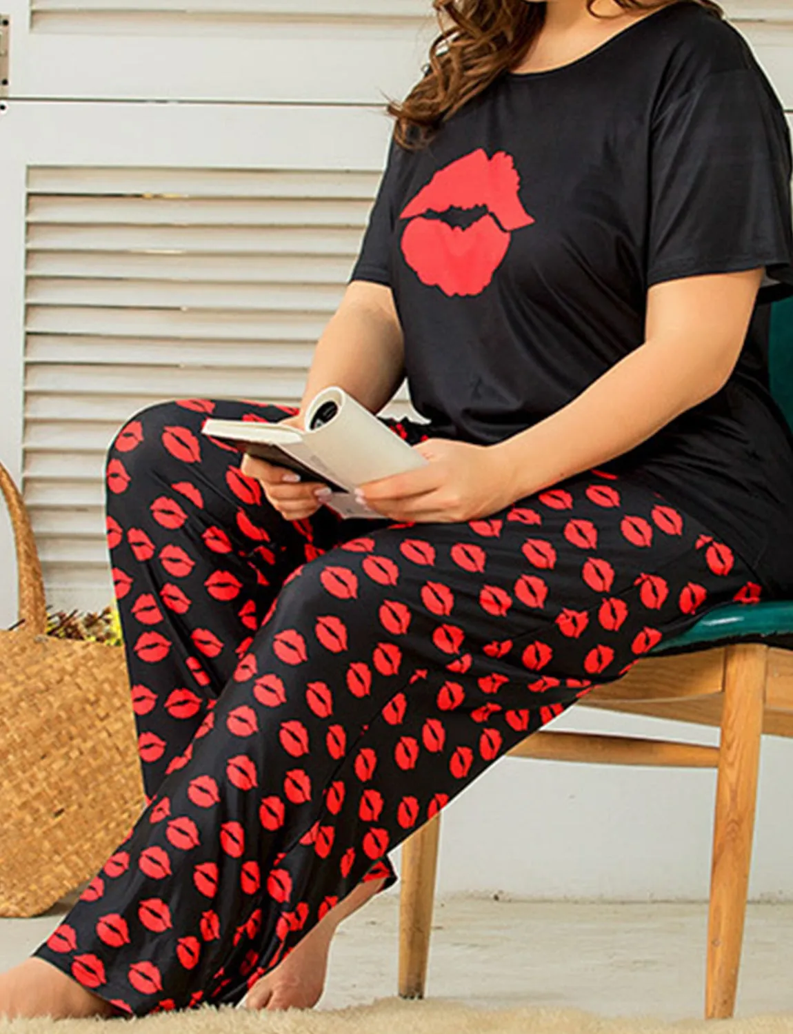 Red Lip Print Women's Plus Size Loungewear Set