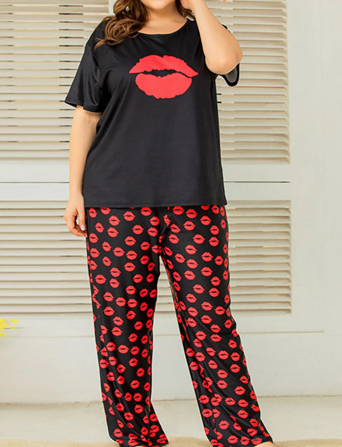 Red Lip Print Women's Plus Size Loungewear Set