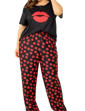 Red Lip Print Women's Plus Size Loungewear Set Red Lip Print Women's Plus Size Loungewear Set