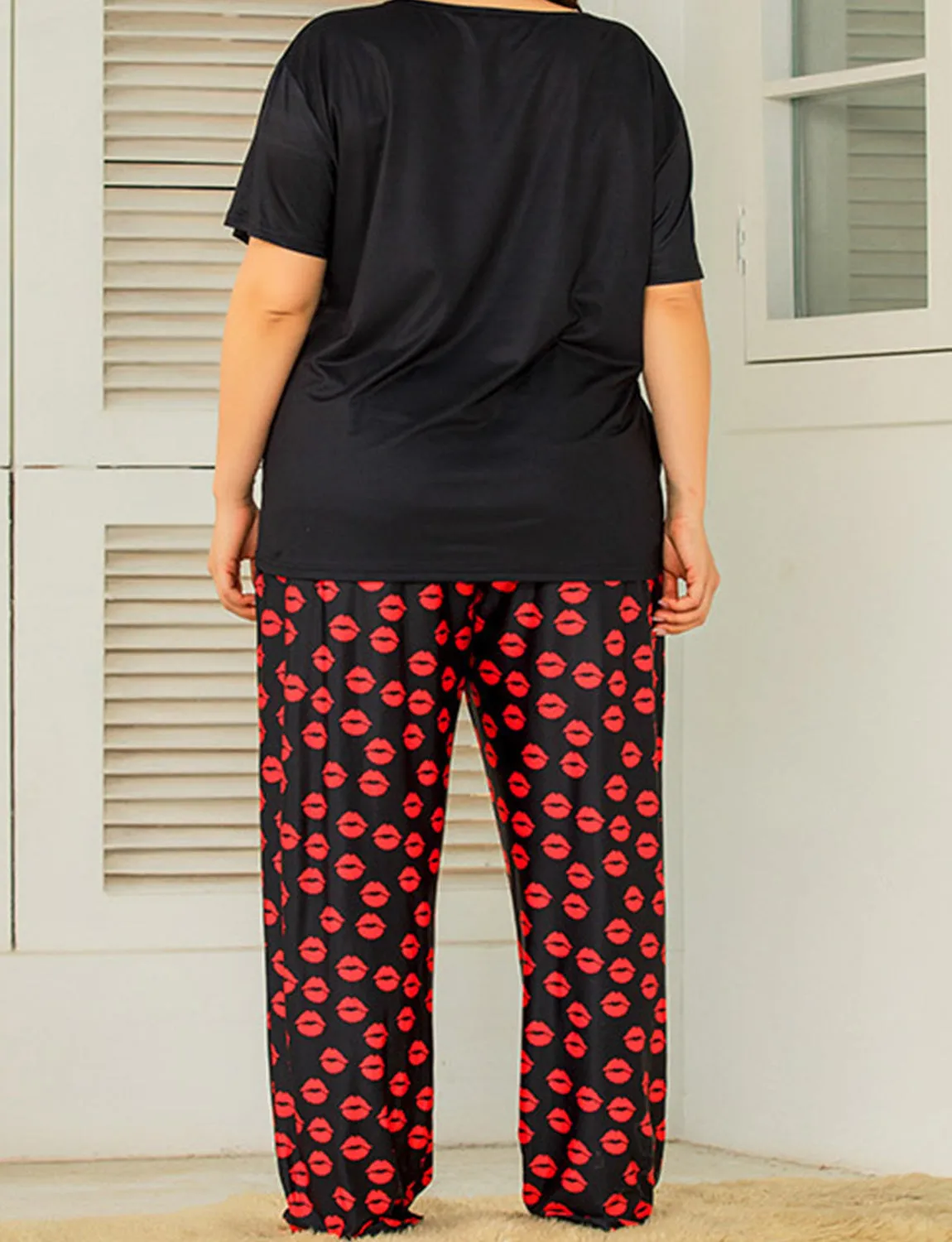 Red Lip Print Women's Plus Size Loungewear Set