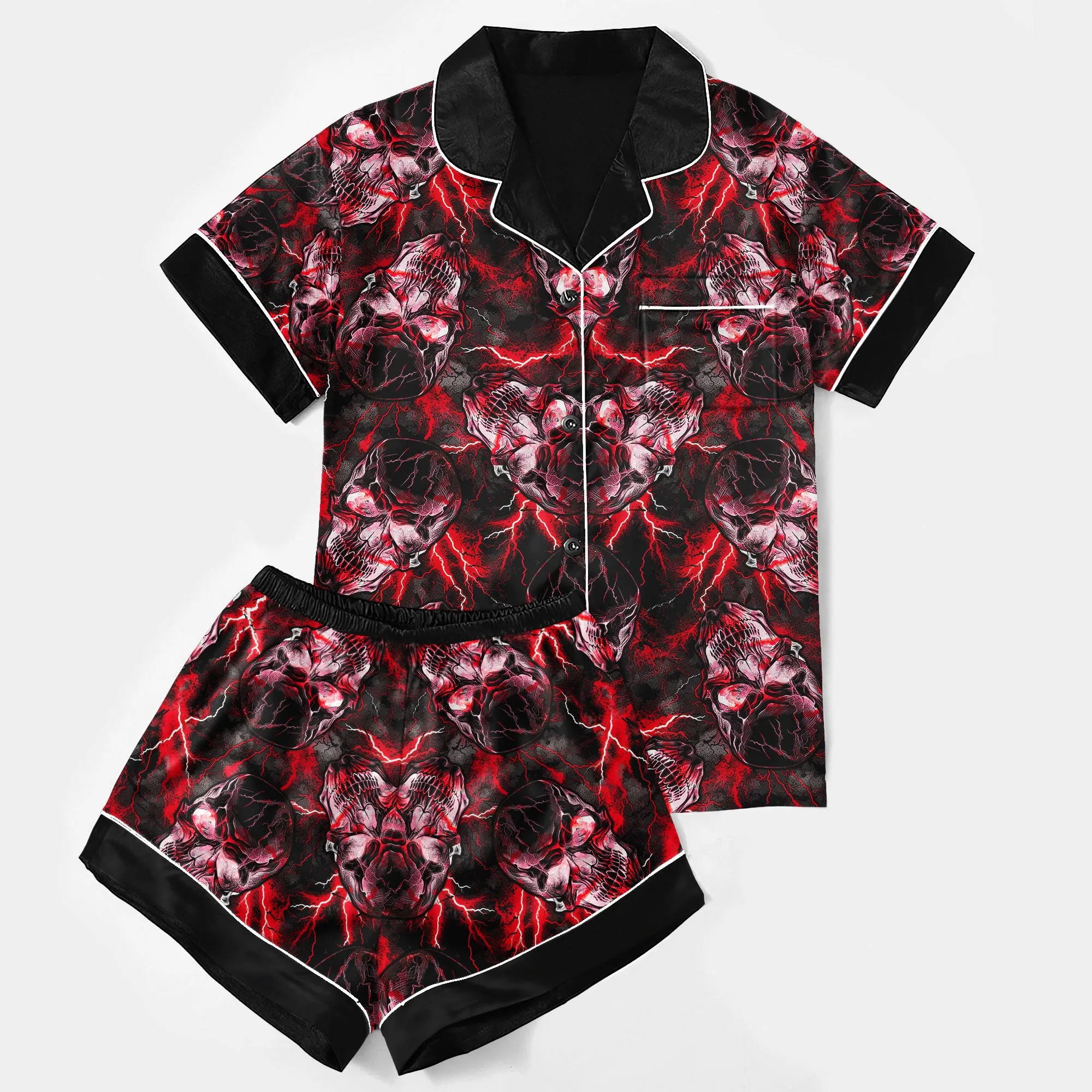 Sexy Black Red Skull Thunder Women's Pajama Sets Top Sleeve & Short Bottom