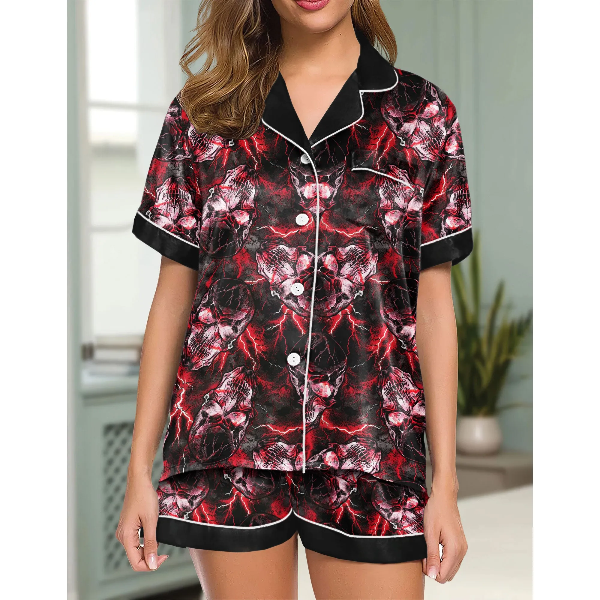 Sexy Black Red Skull Thunder Women's Pajama Sets Top Sleeve & Short Bottom