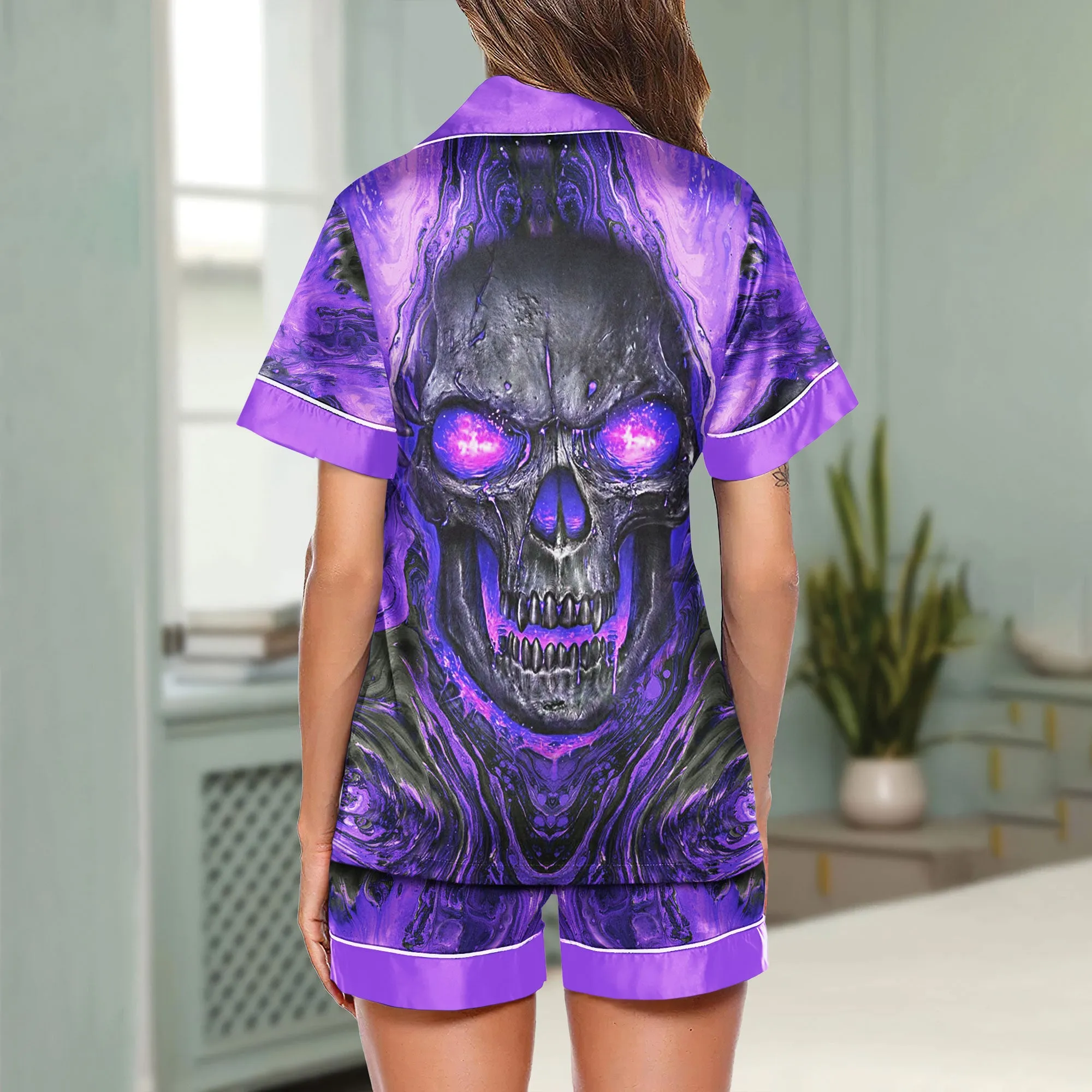 Sexy Violet Skull Gothic Art Women's Pajama Sets Top Sleeve & Short Bottom