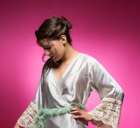 Silvery Shimmer Grey Satin Robe with Lace Accented Cuffs