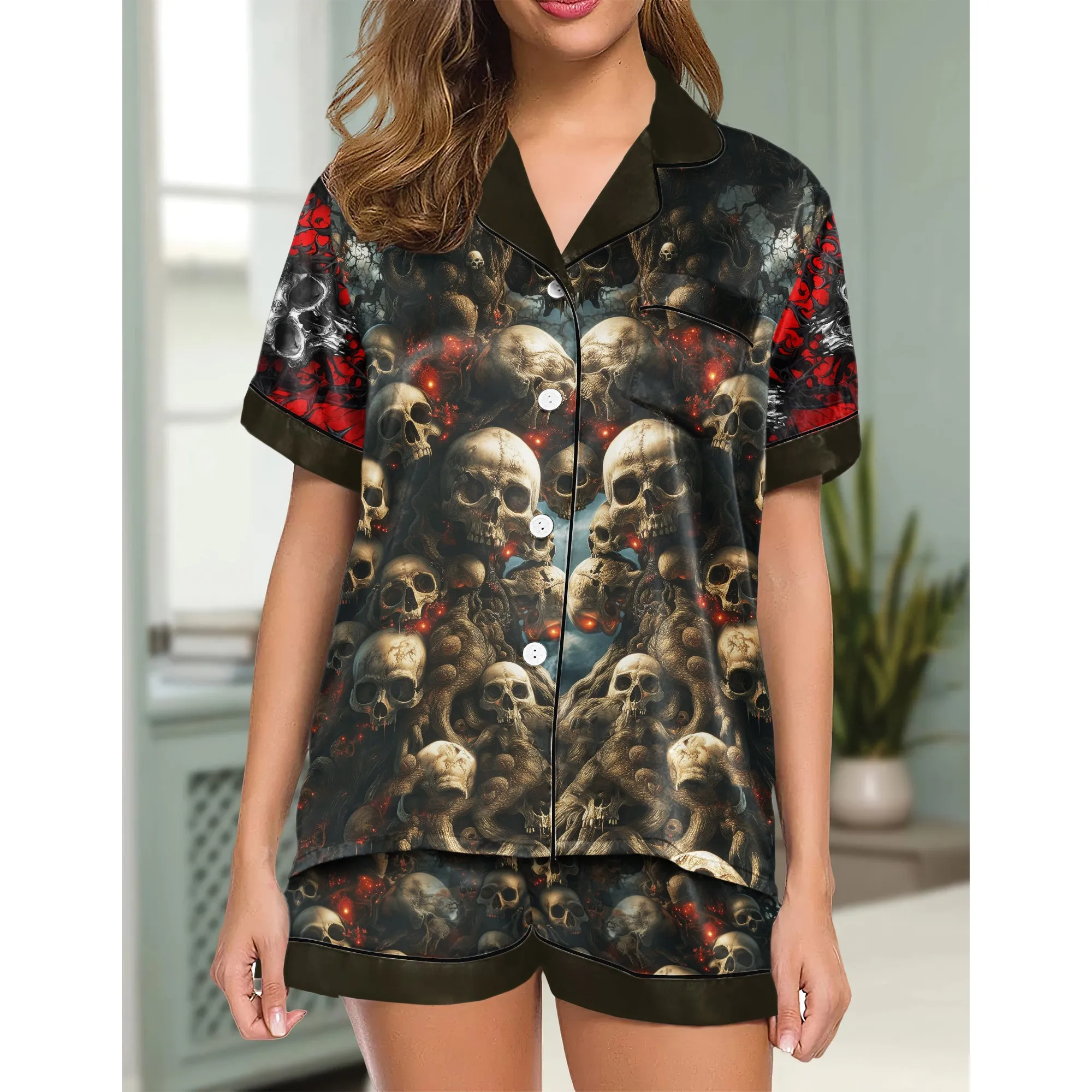Skull Abstract Art Women's Pajama Sets Top Sleeve & Short Bottom