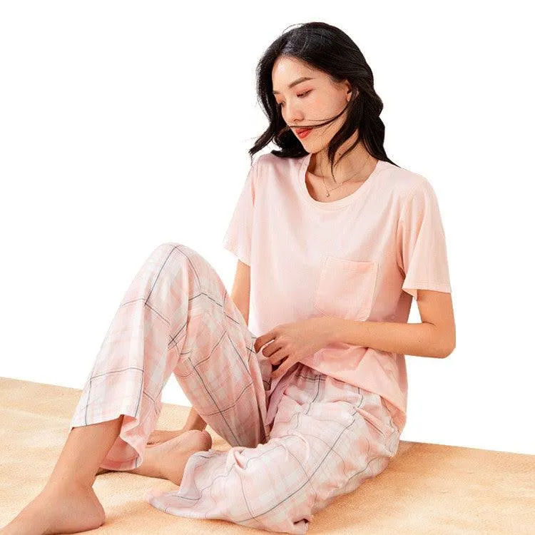 Sleep Wear 100% Soft Cotton Pink Plaid Pajama Set Lounge wear S M L