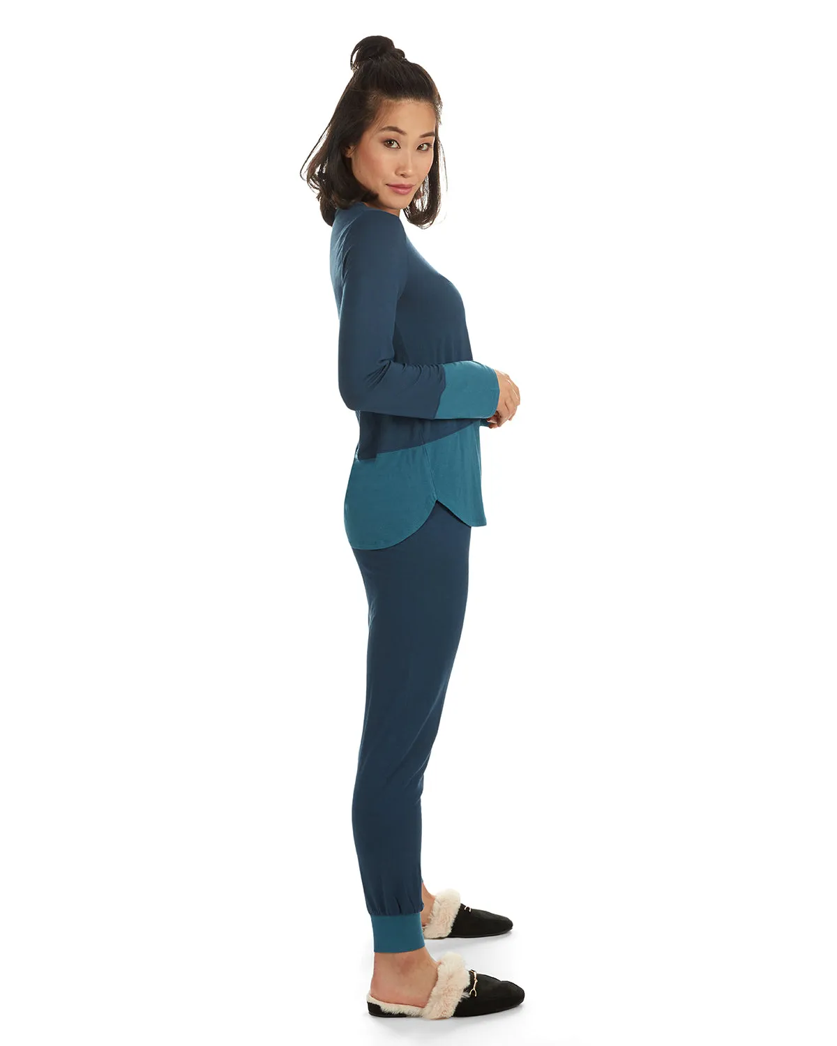 Women's 2 Piece Two Tone Blue and Gray Pajama Set