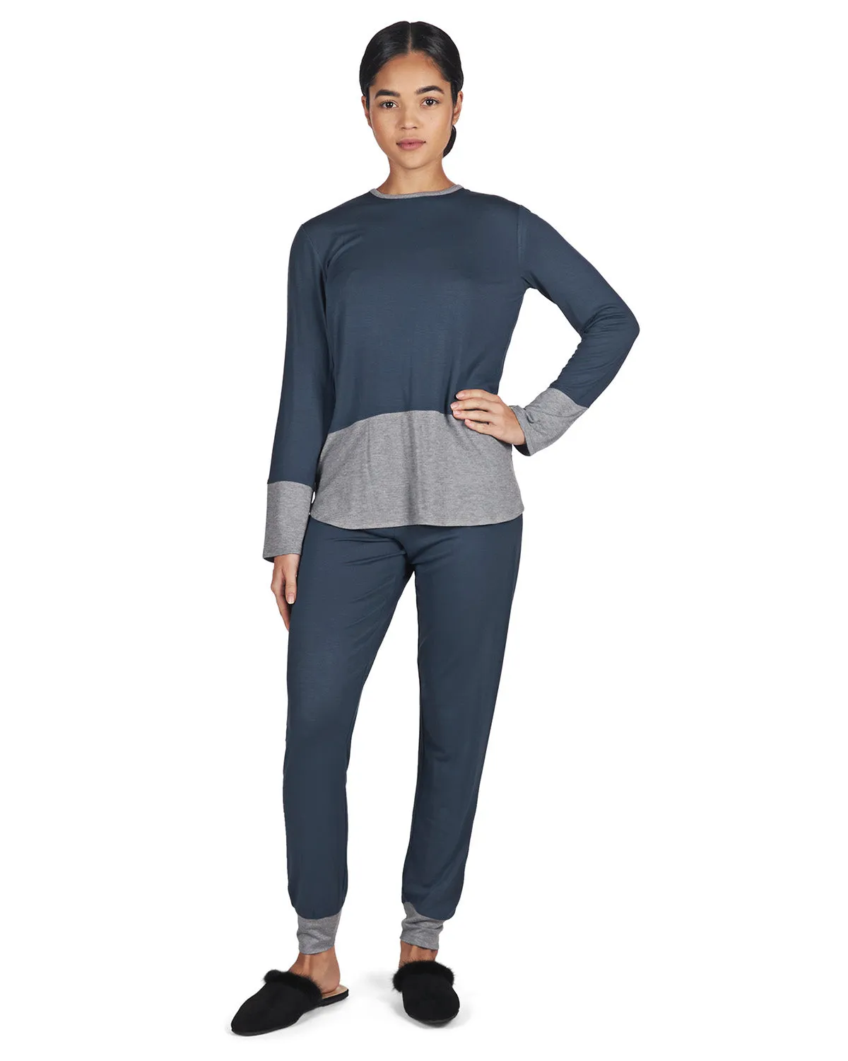 Women's 2 Piece Two Tone Blue and Gray Pajama Set