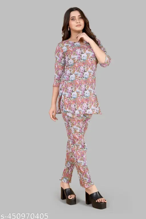 Women's Beautiful Delta Cotton Mix Fabric Printed Night suit Co-Ord Set - VKT400