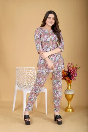 Women's Beautiful Delta Cotton Mix Fabric Printed Night suit Co-Ord Set - VKT400