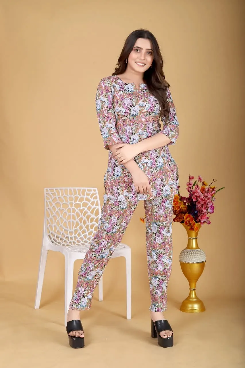 Women's Beautiful Delta Cotton Mix Fabric Printed Night suit Co-Ord Set - VKT400