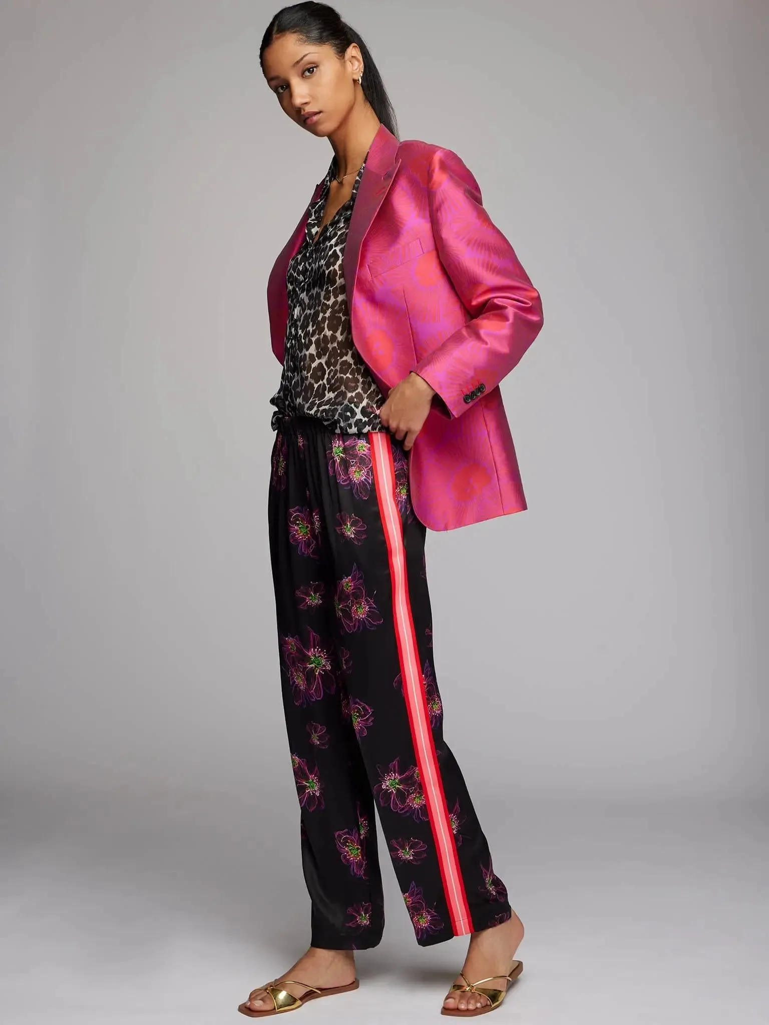 Women's Magenta Jellyfish Floral Silk Pajama Set With Stripe