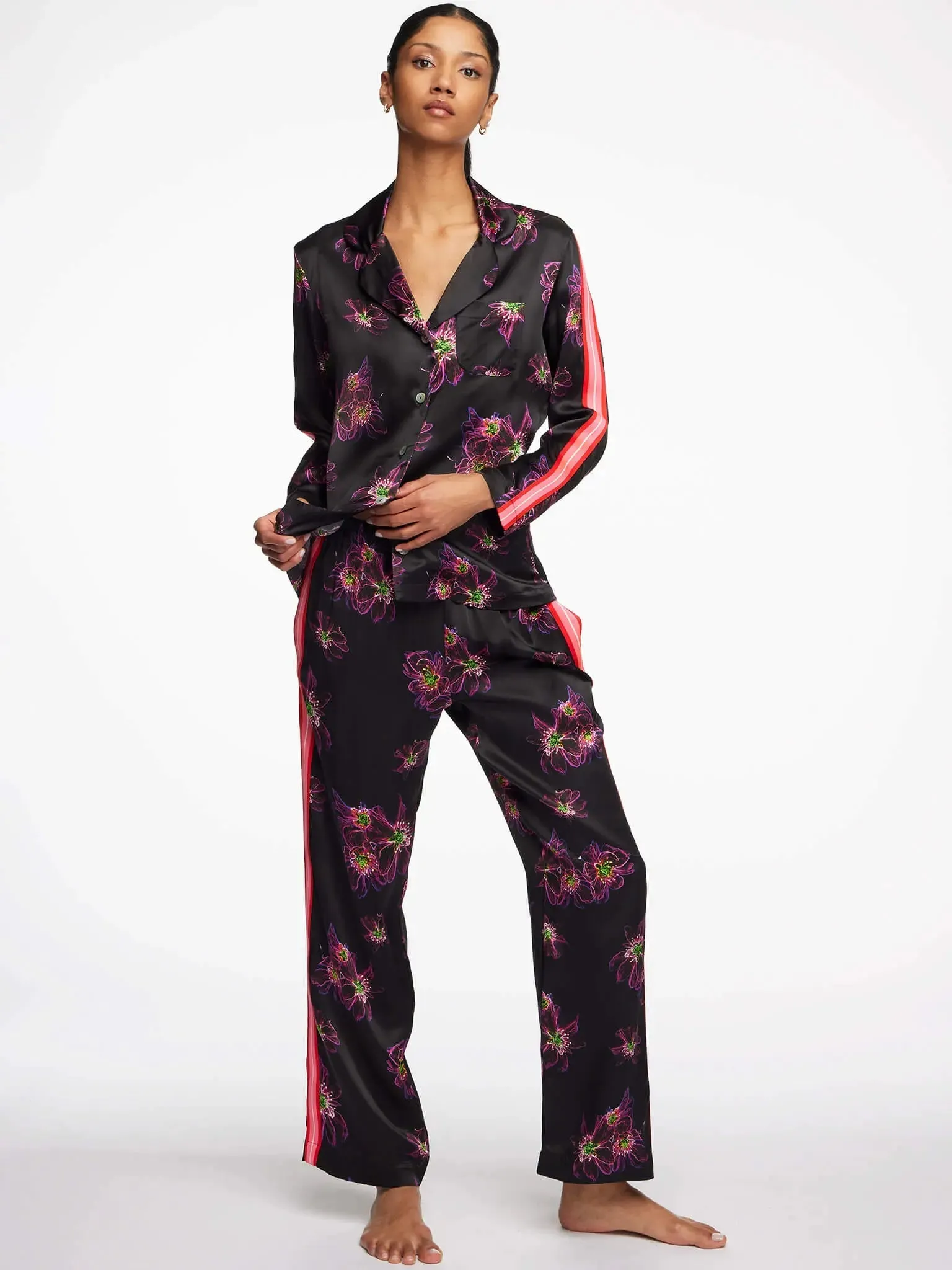 Women's Magenta Jellyfish Floral Silk Pajama Set With Stripe