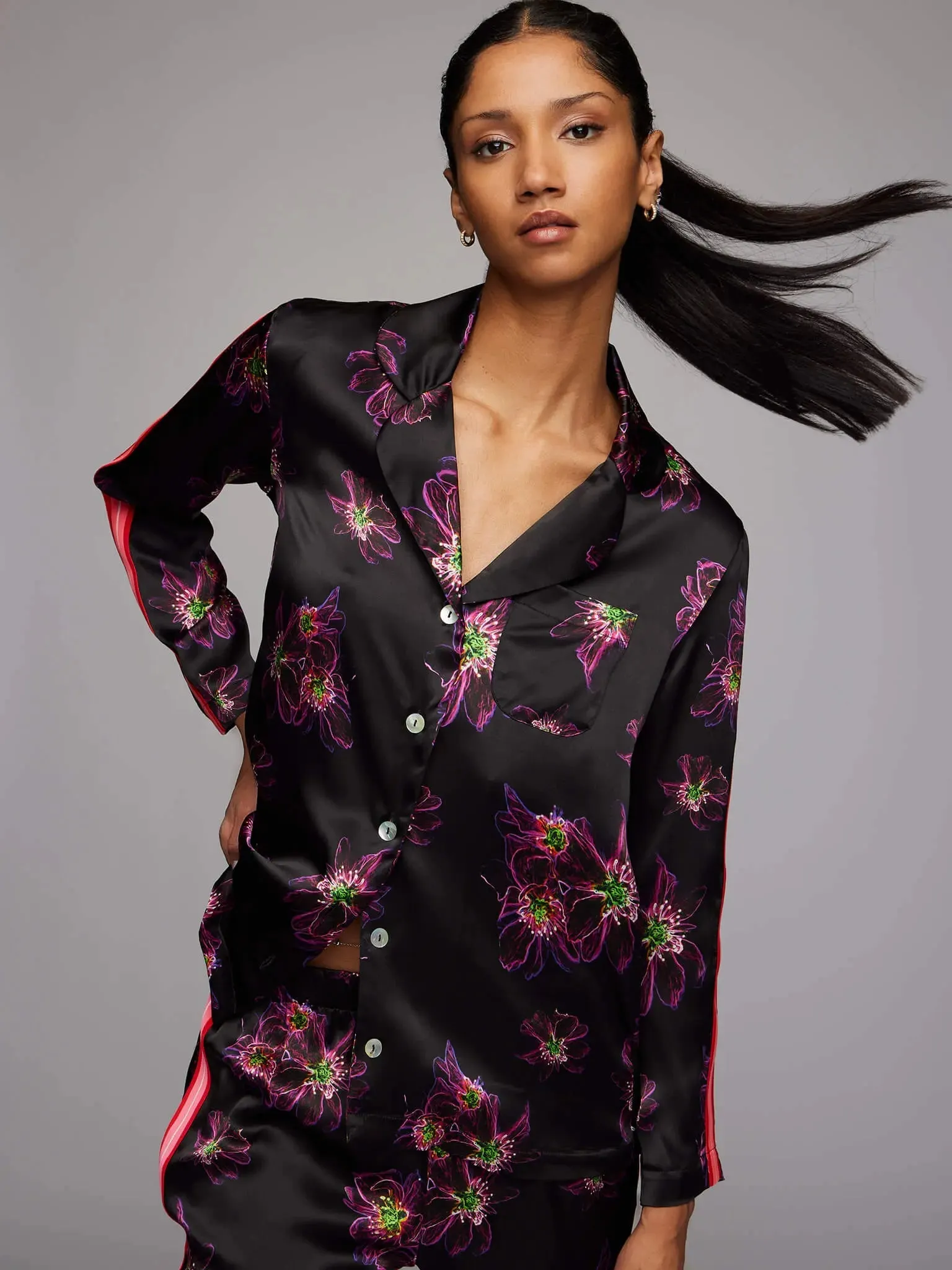 Women's Magenta Jellyfish Floral Silk Pajama Set With Stripe