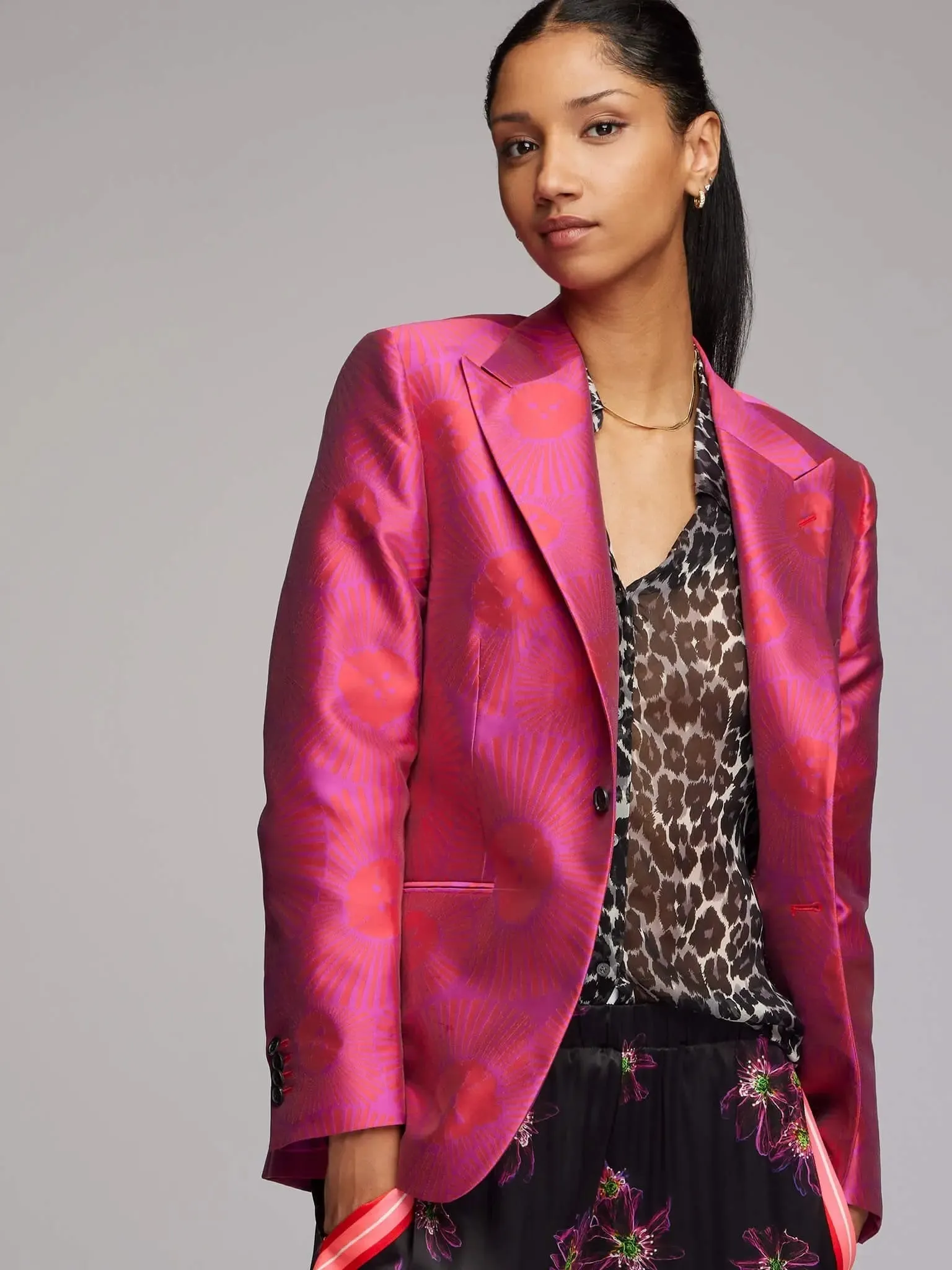 Women's Magenta Jellyfish Floral Silk Pajama Set With Stripe