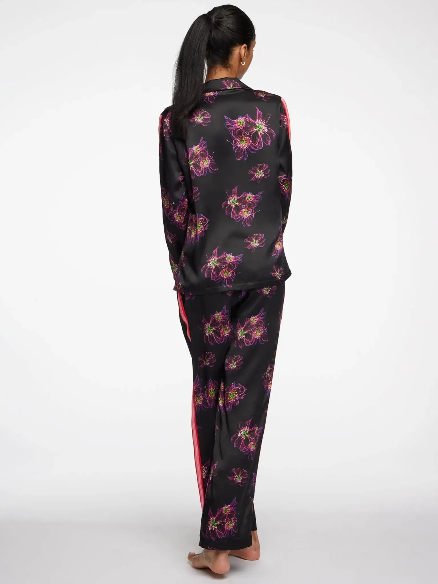 Women's Magenta Jellyfish Floral Silk Pajama Set With Stripe