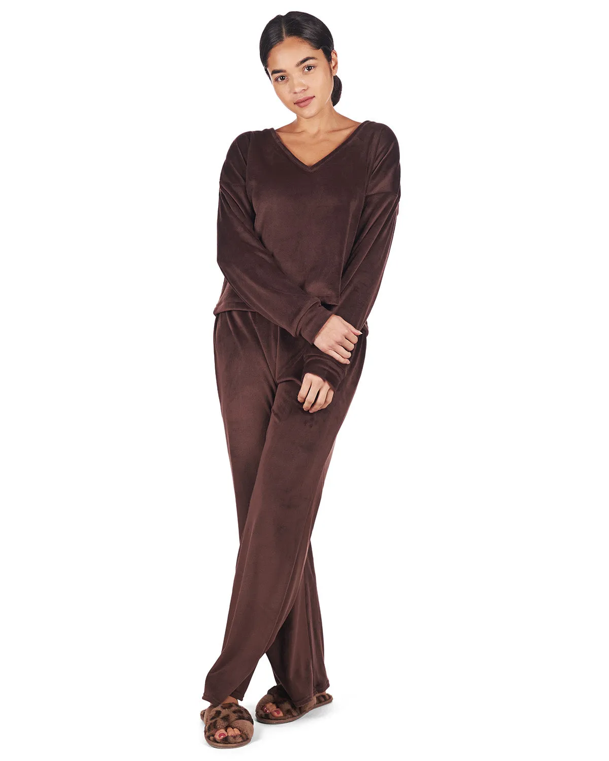 Women's Velour Loose Fit V-Neck Sweatshirt and Pants Set