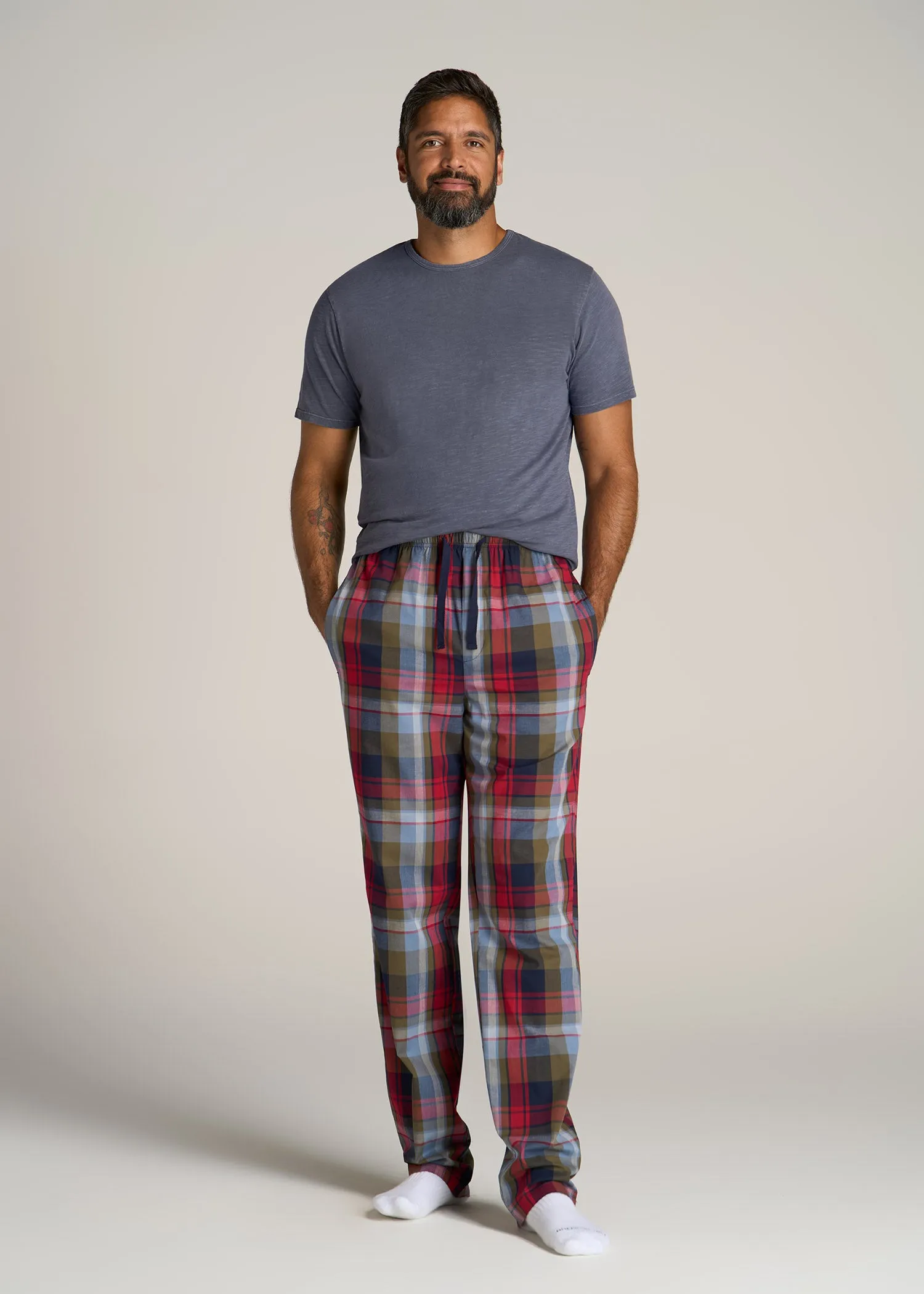 Woven Pajama Pants for Tall Men in Blue & Green Plaid