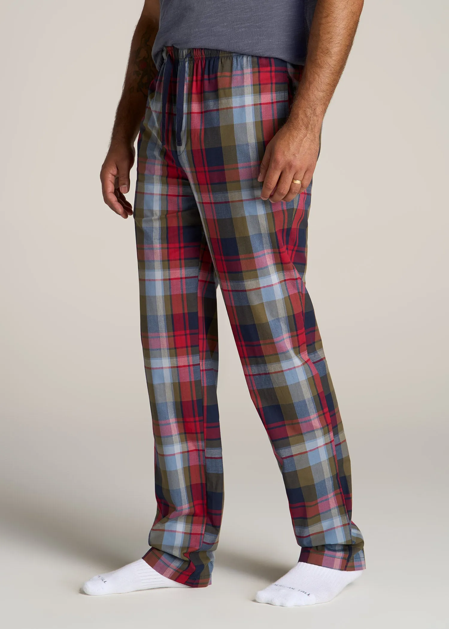 Woven Pajama Pants for Tall Men in Blue & Green Plaid