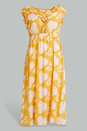 Yellow Floral Printed Nightgown For Ladies