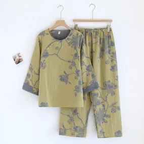 Yellow Magnolia Floral Print Pajama Set
