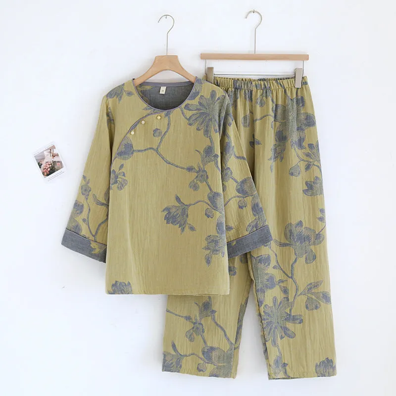 Yellow Magnolia Floral Print Pajama Set